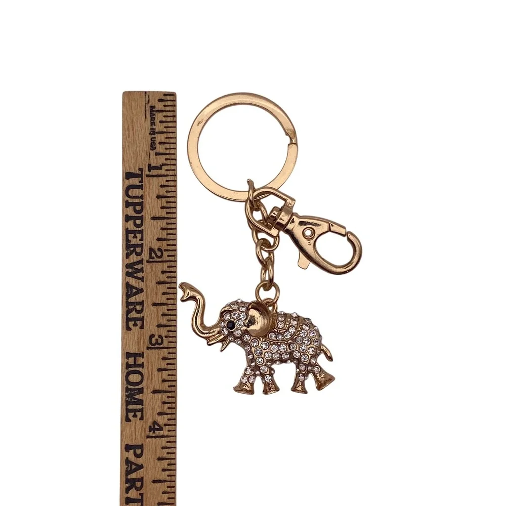 Gold Rhinestone Elephant Keychain Lucky Charm Bag Clip Accessory Clear Crystal